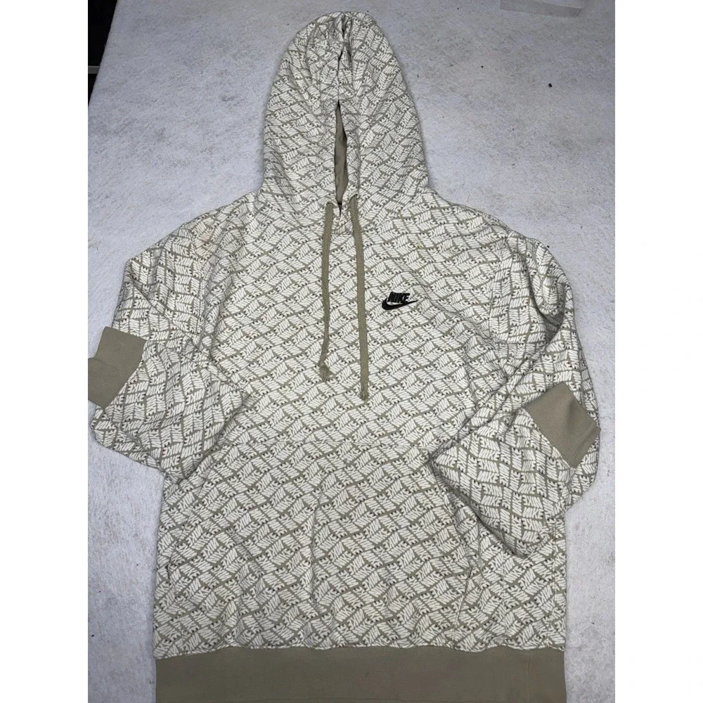 Nike Essentials AOP Fleece Hoodie Mens Small Beige All Over Print Cotton‎ Swoosh